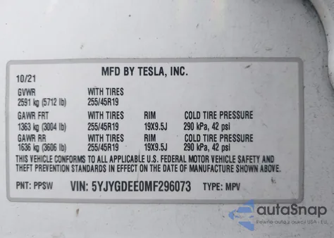 2021 Tesla Model Y Long Range Dual Motor All-Wheel Drive from USA, damaged, VIN 5YJYGDEE0MF296073